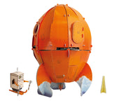 Orange rocket made from cardboard with a cooker cutout.